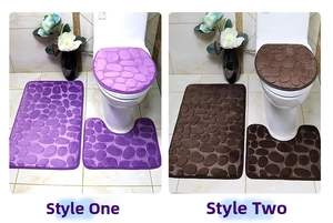 Detailed comparison of 3D pebble textured bathroom mats in purple and dark brown colors