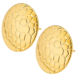 Detail of gold oval earrings featuring unique honeycomb hammered texture and metallic finish