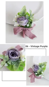 Close-up of vintage purple rose boutonniere with green fern and ribbon detail