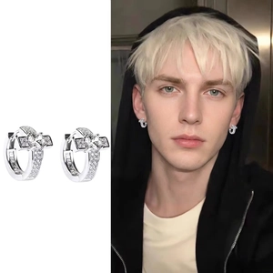 Cross Hoop Earrings Copper With White Zircon Micro Pave Hip Hop Fashion Jewelry For Men And Women Silver Color Polished