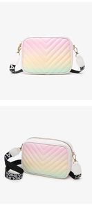 Detail of pink and mint gradient crossbody bag with V-quilted texture and wide strap