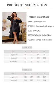Detailed size chart for silk-like two-piece pajama set including robe and slip dress dimensions