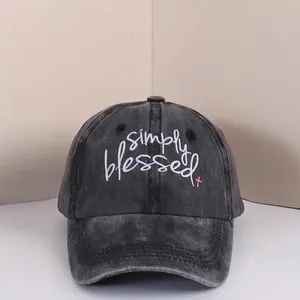 Simply Blessed embroidered baseball cap in dark gray with size chart measurements