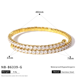 Detail view of gold-plated stainless steel stretch bracelet with crystal accents and dimensions