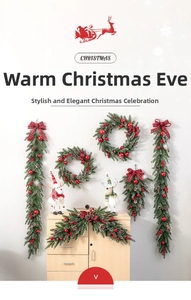 Detail of snow-flocked Christmas garland with red berries, pine cones, and a plaid bow