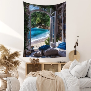 Detail view of Bohemian tropical ocean beach window tapestry hanging in a cozy bedroom