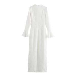 Elegant white lace maxi dress with bell sleeves and high neck on a plain background