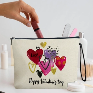 Trousse à maquillage en toile avec motifs cœurs et fermeture éclair pour Saint-Valentin