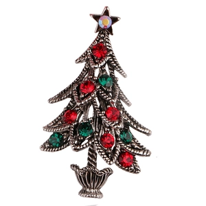 European luxury Christmas tree brooch with red and green rhinestones in silver finish