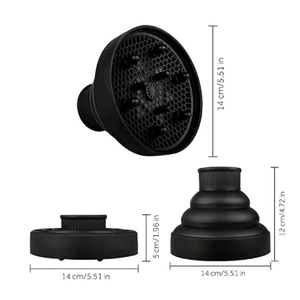 Collapsible silicone hair diffuser showing folded and expanded sizes for travel