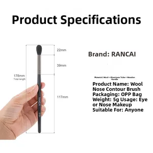 Detail of soft goat hair nose contour brush showing precise dimensions and black wood handle