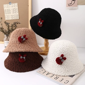 Cute plush bunny bucket hat for women in warm fleece material with bow details