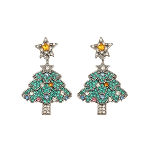 Boucles d'oreilles sapin de Noël scintillantes avec cristaux et étoile jaune