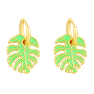 Bohemian gold hoop earrings featuring green monstera leaf charms with enamel finish