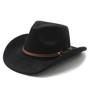 Classic black western cowboy hat with brown leather belt and gold buckle detailing
