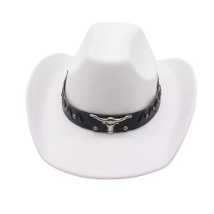 Detail of white felt cowboy hat with leather band, studs and silver bull skull emblem