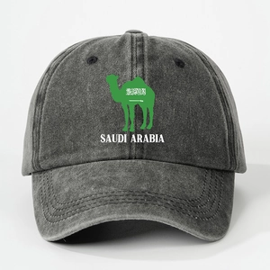 Detail of Saudi Arabia camel logo print on vintage washed cotton baseball cap