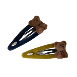 Cute flocked bear hair clips in navy blue and mustard yellow with metal BB clip base