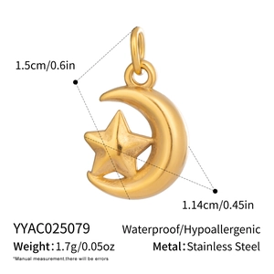 Detailed view of 18K gold plated celestial moon and star pendant with precise measurements