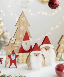 Detailed view of wooden Christmas ornaments with plush beard and snowflake patterns