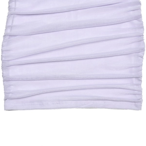 Detail shot of light purple ruched mesh fabric with soft pleated texture and transparency
