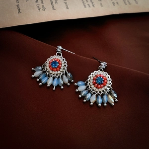 Vintage bohemian flower earrings with blue crystals and colorful tassel beads