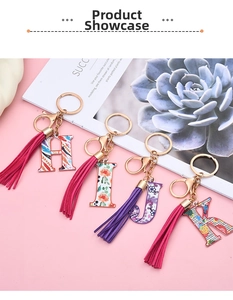 Close-up of alphabet letter keychains H, I, J, K with colorful patterns and matching tassels