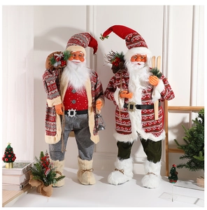Standing Santa Claus figurines with lantern and skis for Christmas window display decor