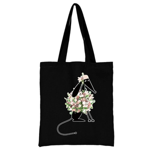Schwarze Canvas-Tasche mit süßem Cartoon-Maus-Print und floralem Blumenkranz