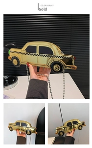 Detail of creative car-shaped gold shoulder bag with racing flag pattern and bead chain