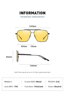 Size chart showing 147mm frame width and 59mm lens width for polarized aviator sunglasses