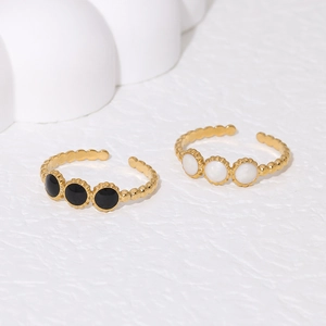 Minimalist Stainless Steel Open Ring Gold Plated Enamel Inlay Adjustable Beaded Texture Fashion Jewelry For Women