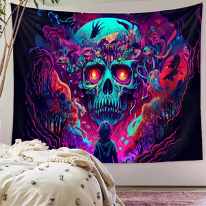 Detailed view of neon psychedelic skull tapestry as a wall hanging in a bedroom