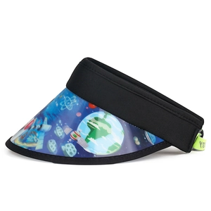 Kids 3D space theme sun visor hat with blue transparent brim and green elastic strap