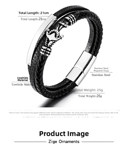 Macro shot of 21cm multi-layer black leather bracelet with steel anchor and magnetic clasp