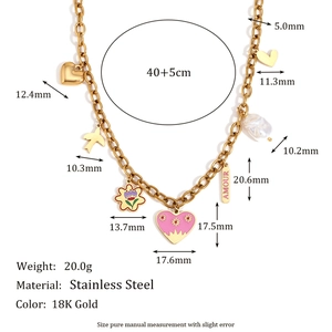 18K gold plated stainless steel necklace with pink enamel flower and heart charms