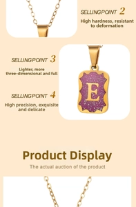 Detailed view of titanium steel necklace featuring a purple square pendant with letter E