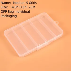 Detailed view of a 5-compartment transparent plastic storage box with size 14.8x10.6x1.7cm