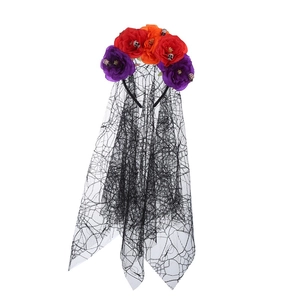 Halloween floral headband with skull decor and black spiderweb lace veil for parties