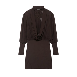 Elegant deep chocolate cowl neck mini dress with stylish long cuffed sleeves
