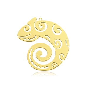 Detailed macro view of a golden chameleon metal pendant with hollow swirl patterns