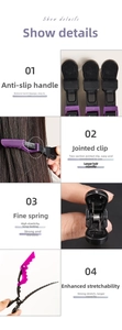 Detail view of purple crocodile hair clips with non-slip handles and strong springs