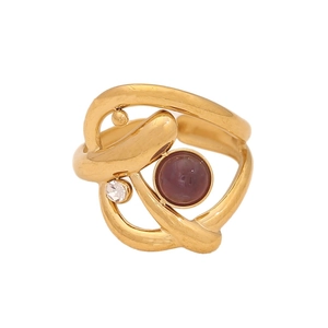 Vintage gold geometric open ring featuring a deep purple natural stone and tiny rhinestone