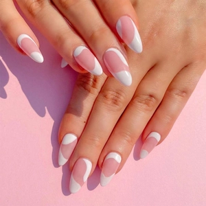 Französischer Stil Rosa Weiß Abstrakt Welle Mandel Press On Nails Glänzend Kunststoff Falsche Nagelspitzen Für Frauen