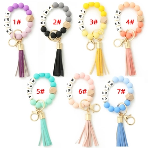 Colorful MAMA silicone beaded keychain bracelet with tassel and wood bead accessories