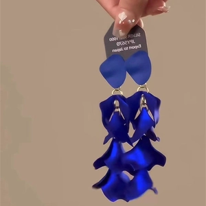 Blue multilayer petal tassel earrings with S925 silver needle on display card