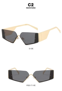 Modern Y2K rimless sunglasses with gold frames and dark grey lenses side and front view