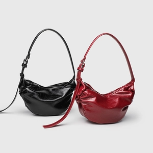 Women Retro Pleated Hobo Bag Glossy PU Leather Underarm Shoulder Bag With Adjustable Strap Korean Style Dumpling Shape