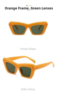 Front and side views of chunky orange frames with dark green lenses retro sunglasses