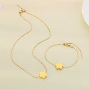 Minimalist gold stainless steel snake chain necklace and flower petal jewelry set